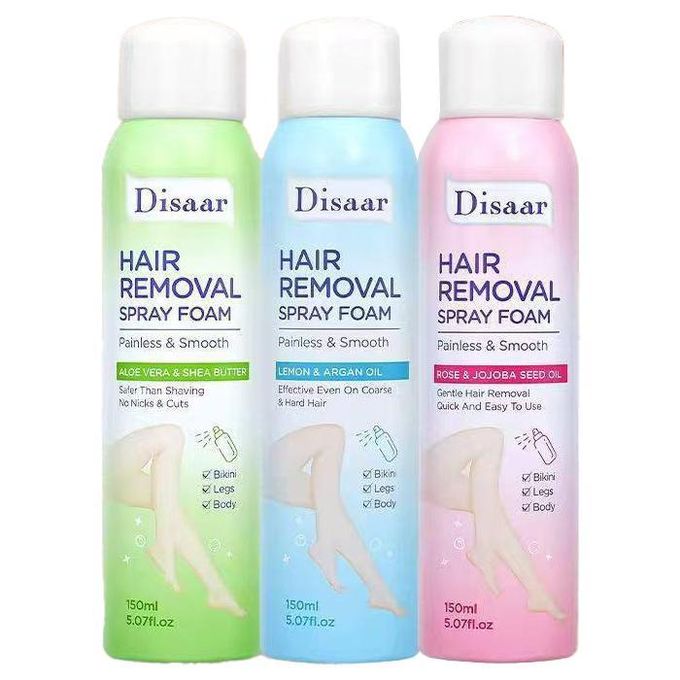 Disaar Hair Removal Spray Foam Bottles, Available in Various Scents Like Lemon & Argan, Aloe Vera, and Rose.
