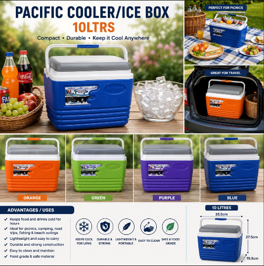 PACIFIC COOLER/ICE BOX 10LTRS ✅ Keeps drinks, fruits, and food cold for hours.✅ Ideal for picnics, road trips, camping, beach outings, and outdoor events.✅ Strong insulated design for excellent cool