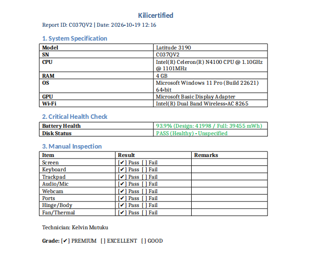 CERTIFIED BY KILIMALL | Dell Latitude 3190 Pentium 4GB RAM 128GB SSD | 11.6" Full HD Display | Windows and Office Installed | 90% Battery Health | 2+ Hours Active | 9 Months Warranty | KiliCertified