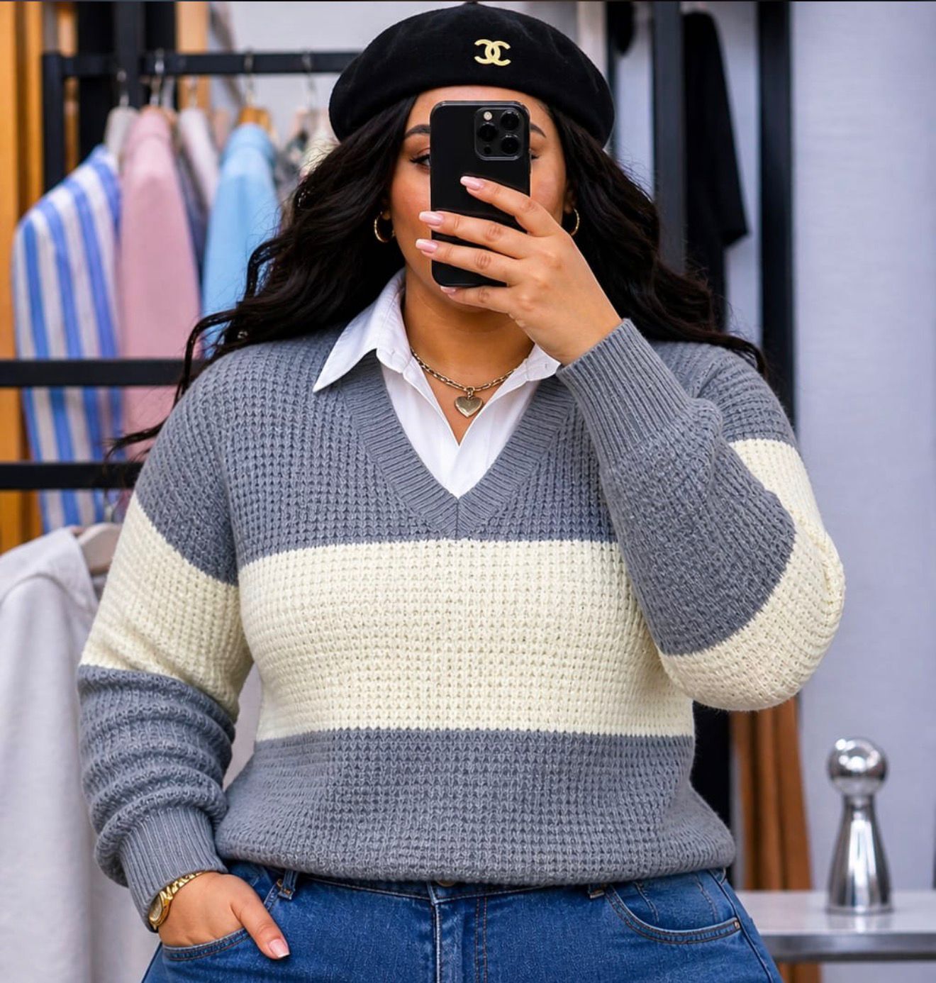 Colorblock V-Neck Knit Sweater for Women – Stylish Long Sleeve Waffle Knit Pullover with Contrast Stripe Design, Soft Comfortable Casual Top for Everyday Wear and Seasonal Fashion