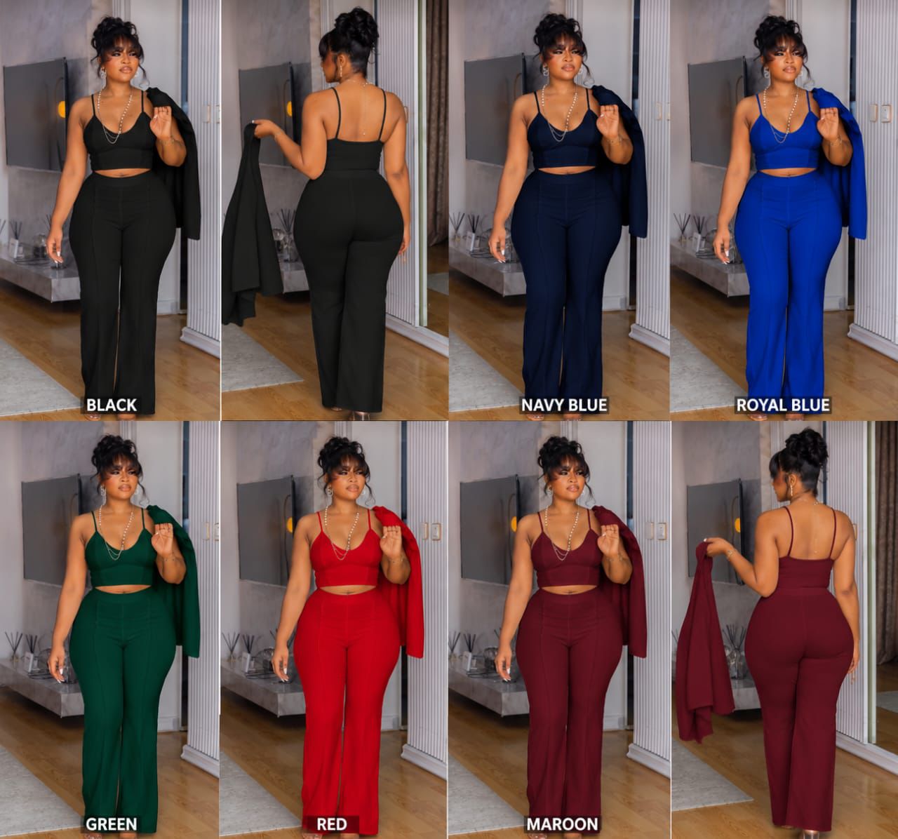 Women’s 3-Piece  – Elegant Wide-Leg Trousers with Sleeveless Crop Top and Matching Long-Sleeve Blazer, Stylish Co-Ord Outfit for Office, Parties, Events and Fashion Wear Palazzo Pants Set