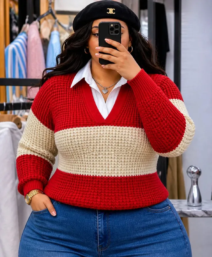 Colorblock V-Neck Knit Sweater for Women – Stylish Long Sleeve Waffle Knit Pullover with Contrast Stripe Design, Soft Comfortable Casual Top for Everyday Wear and Seasonal Fashion