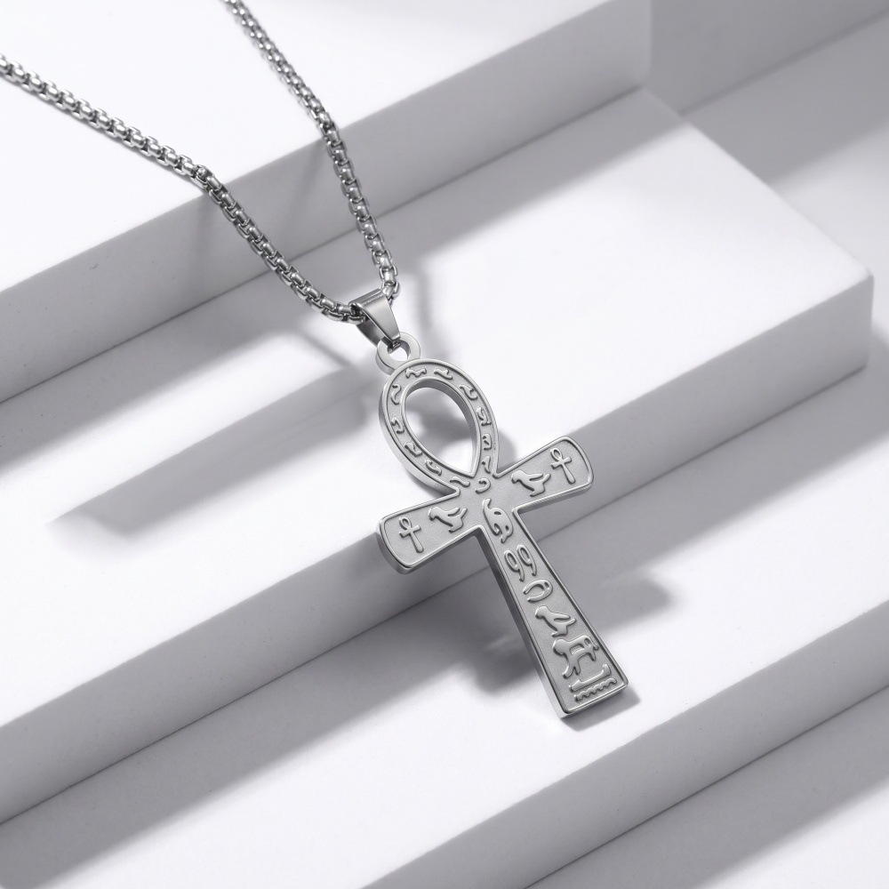 Stainless Steel Ankh Cross Pendant Necklace Engraved Egyptian Hieroglyphs Life Symbol Chain Neck Jewelry for Men Women