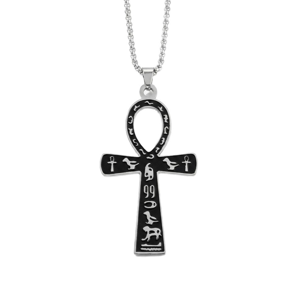 Stainless Steel Ankh Cross Pendant Necklace Engraved Egyptian Hieroglyphs Life Symbol Chain Neck Jewelry for Men Women