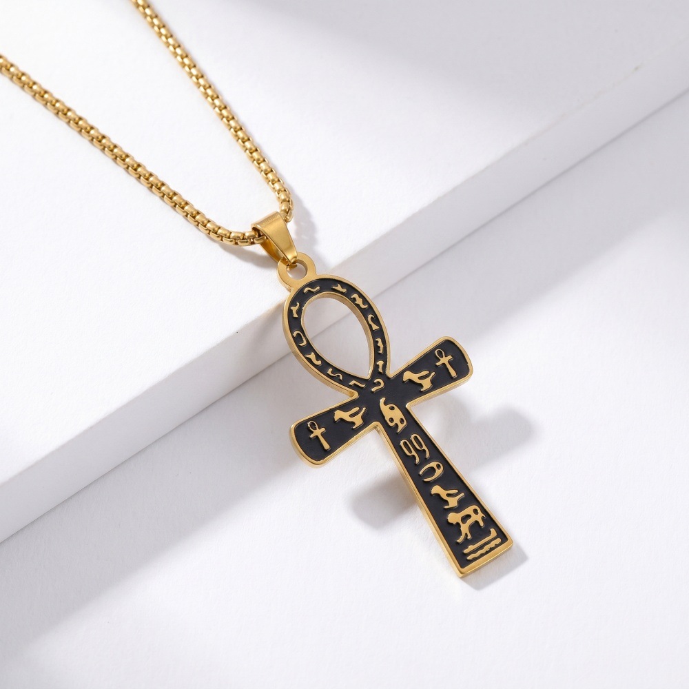 Stainless Steel Ankh Cross Pendant Necklace Engraved Egyptian Hieroglyphs Life Symbol Chain Neck Jewelry for Men Women