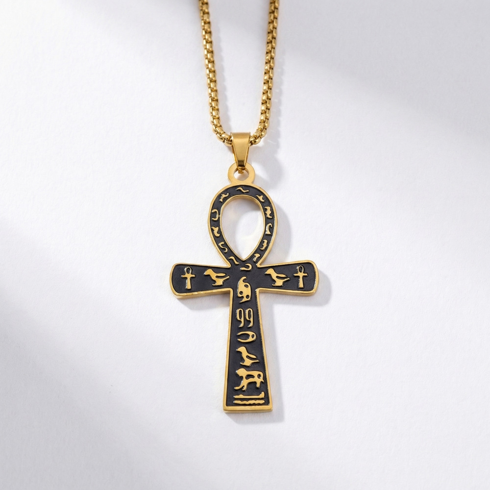 Stainless Steel Ankh Cross Pendant Necklace Engraved Egyptian Hieroglyphs Life Symbol Chain Neck Jewelry for Men Women