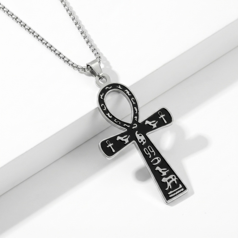 Stainless Steel Ankh Cross Pendant Necklace Engraved Egyptian Hieroglyphs Life Symbol Chain Neck Jewelry for Men Women