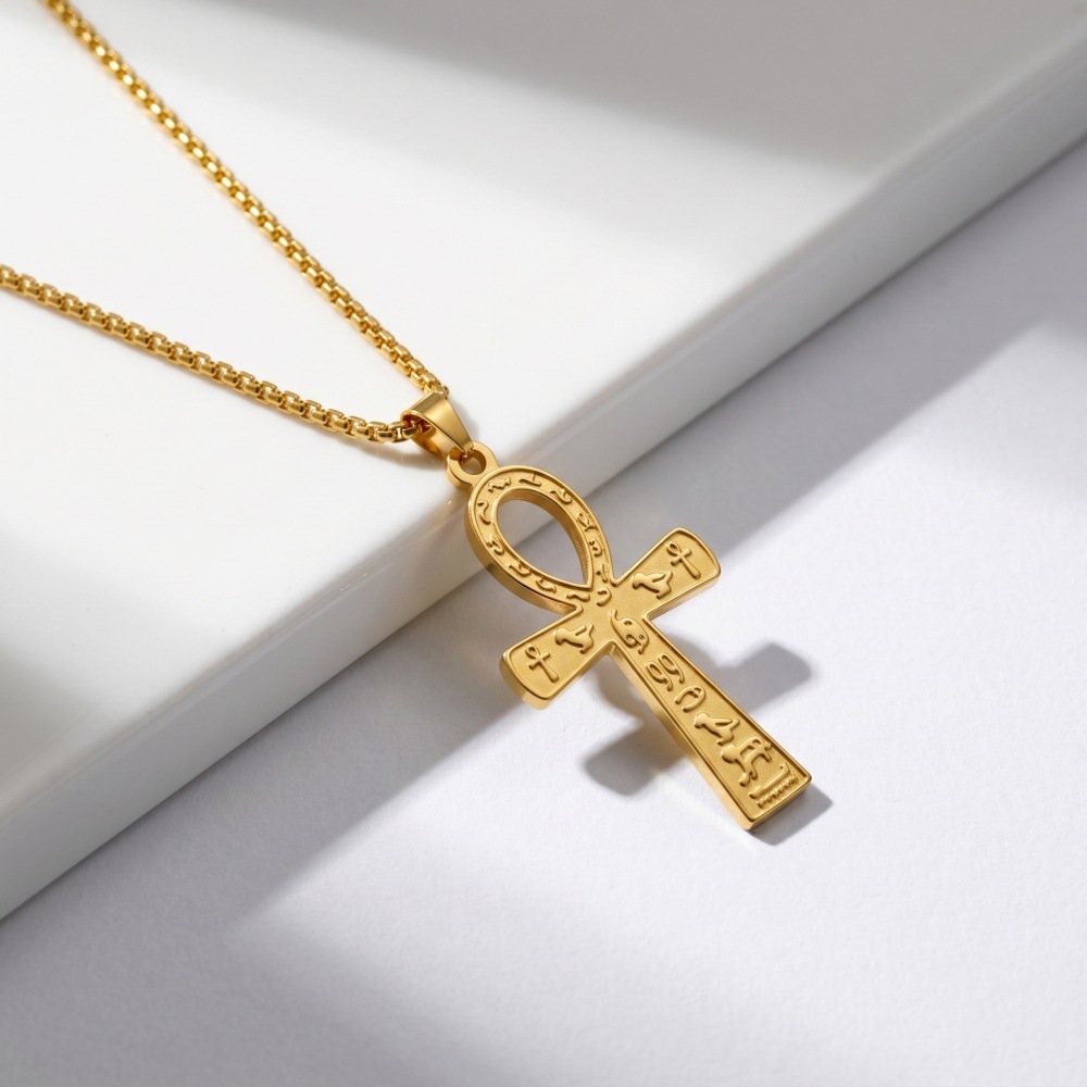 Stainless Steel Ankh Cross Pendant Necklace Engraved Egyptian Hieroglyphs Life Symbol Chain Neck Jewelry for Men Women
