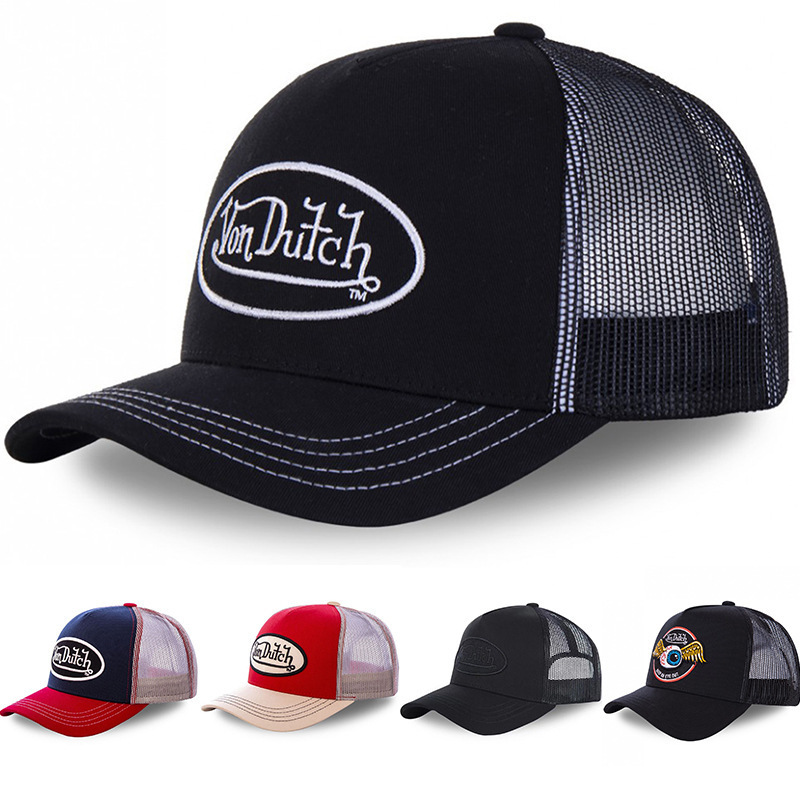 Von Dutch Embroidery Trucker Hat Men Women Breathable Mesh Baseball Cap Vintage Streetwear Outdoor Sports Sun Hat Adjustable Snapback Cap