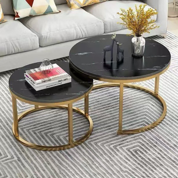 Asili Round Nesting Coffee Table Set of 2 Sofa Center Tables for Living Room Office Home Small Space Stacking Side Tables Sturdy Easy Assembly Wood Desktop with Metal Frame Golden Black