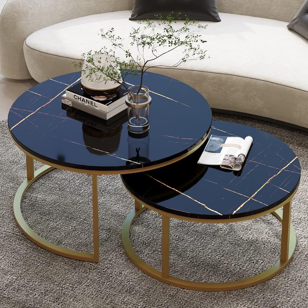 Asili Round Nesting Coffee Table Set of 2 Sofa Center Tables for Living Room Office Home Small Space Stacking Side Tables Sturdy Easy Assembly Wood Desktop with Metal Frame Golden Black