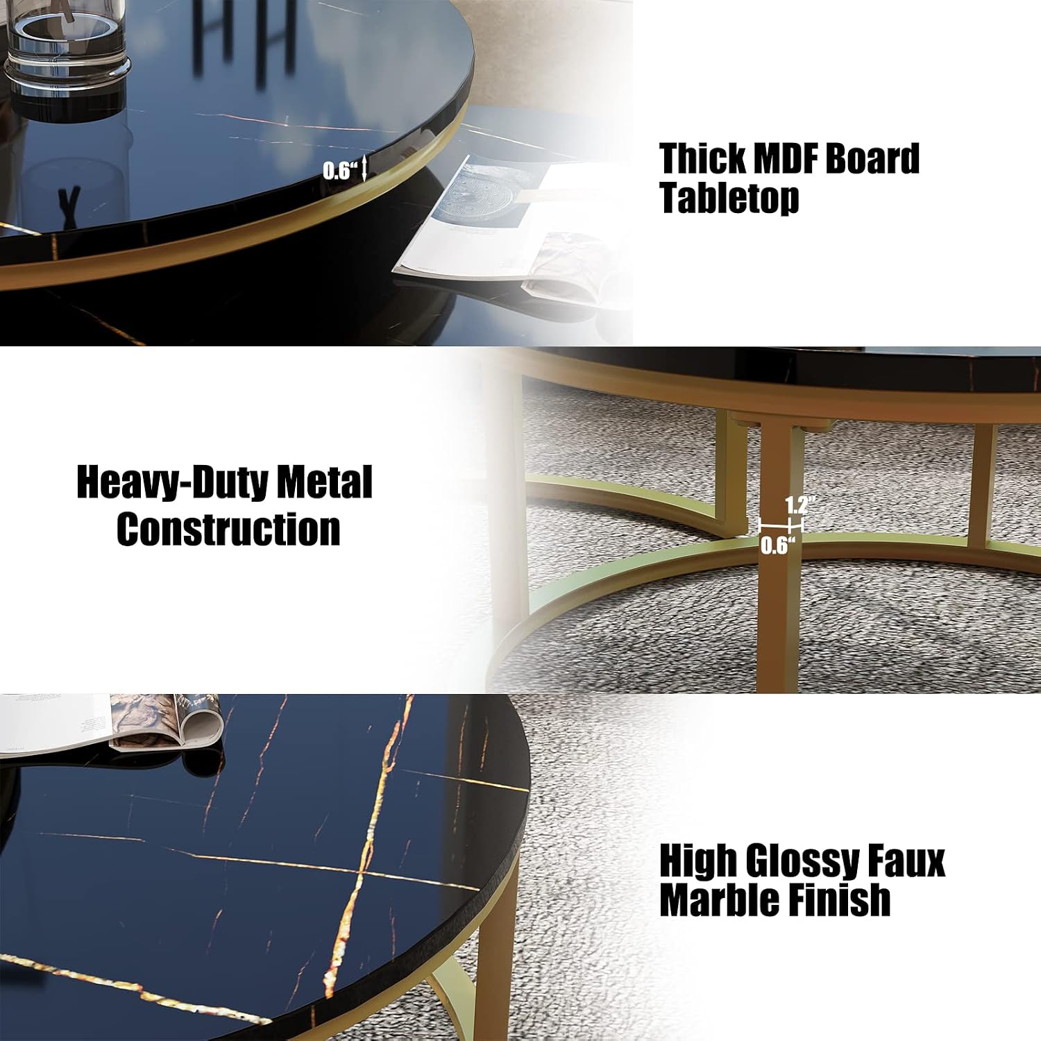 Asili Round Nesting Coffee Table Set of 2 Sofa Center Tables for Living Room Office Home Small Space Stacking Side Tables Sturdy Easy Assembly Wood Desktop with Metal Frame Golden Black