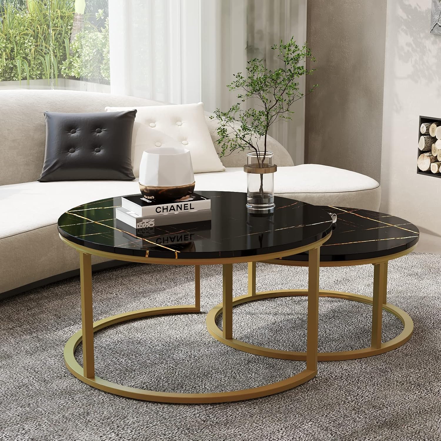 Asili Round Nesting Coffee Table Set of 2 Sofa Center Tables for Living Room Office Home Small Space Stacking Side Tables Sturdy Easy Assembly Wood Desktop with Metal Frame Golden Black