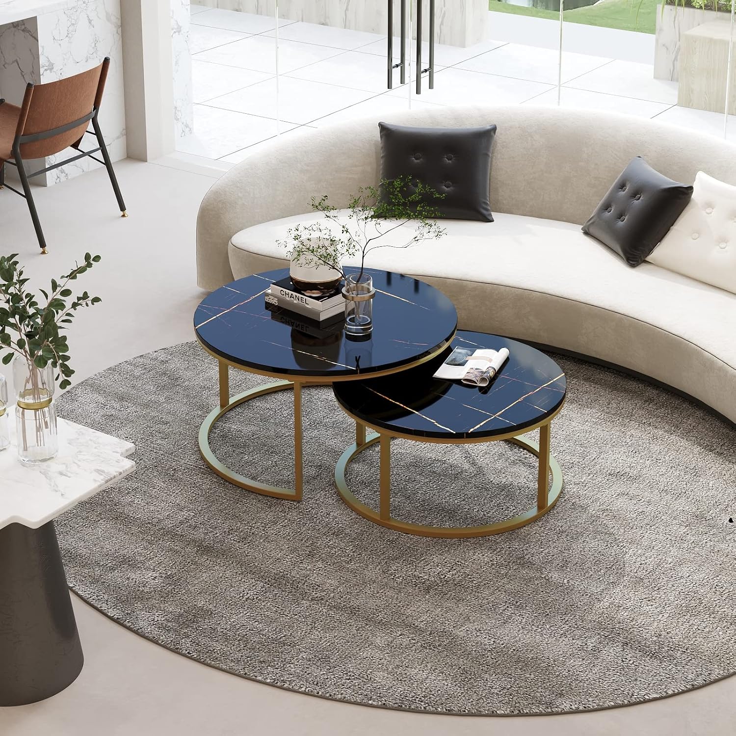 Asili Round Nesting Coffee Table Set of 2 Sofa Center Tables for Living Room Office Home Small Space Stacking Side Tables Sturdy Easy Assembly Wood Desktop with Metal Frame Golden Black