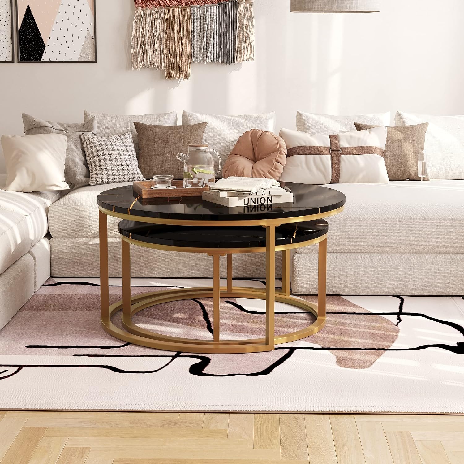 Asili Round Nesting Coffee Table Set of 2 Sofa Center Tables for Living Room Office Home Small Space Stacking Side Tables Sturdy Easy Assembly Wood Desktop with Metal Frame Golden Black