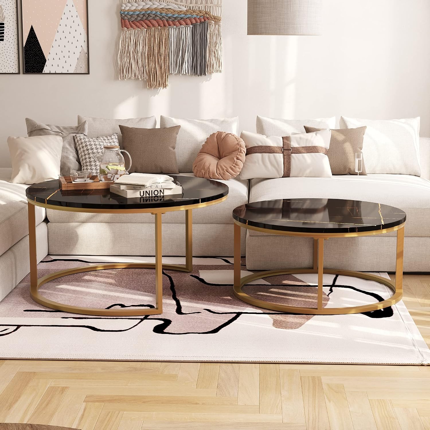 Asili Round Nesting Coffee Table Set of 2 Sofa Center Tables for Living Room Office Home Small Space Stacking Side Tables Sturdy Easy Assembly Wood Desktop with Metal Frame Golden Black