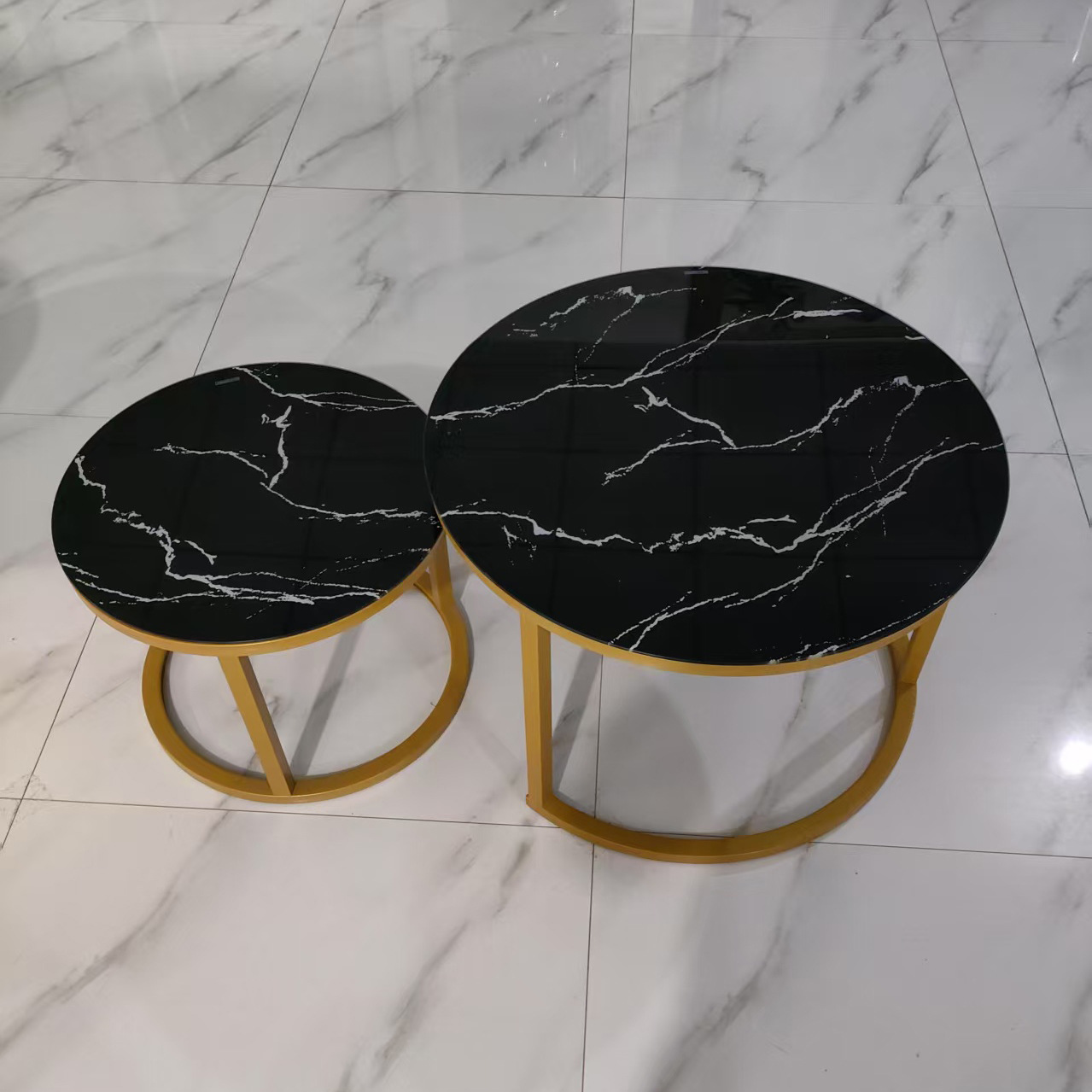 Asili Round Nesting Coffee Table Set of 2 Sofa Center Tables for Living Room Office Home Small Space Stacking Side Tables Sturdy Easy Assembly Wood Desktop with Metal Frame Golden Black