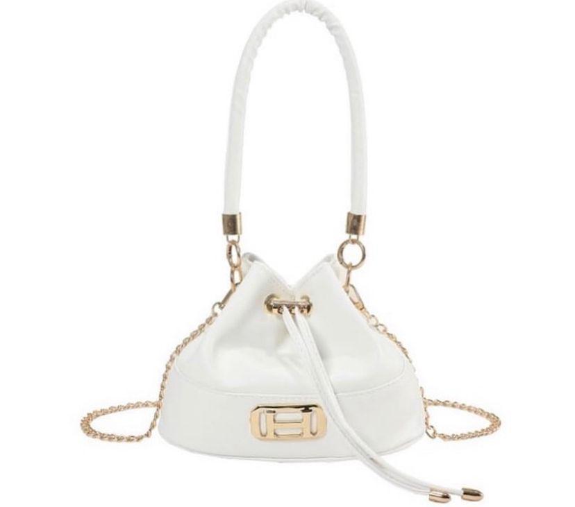Mini leather sling bag; White elegant mini size leather shoulder handbag with drawstring closure. It comes with a handle. It's perfect for casual outings, work, travel, parties, and special occasions.