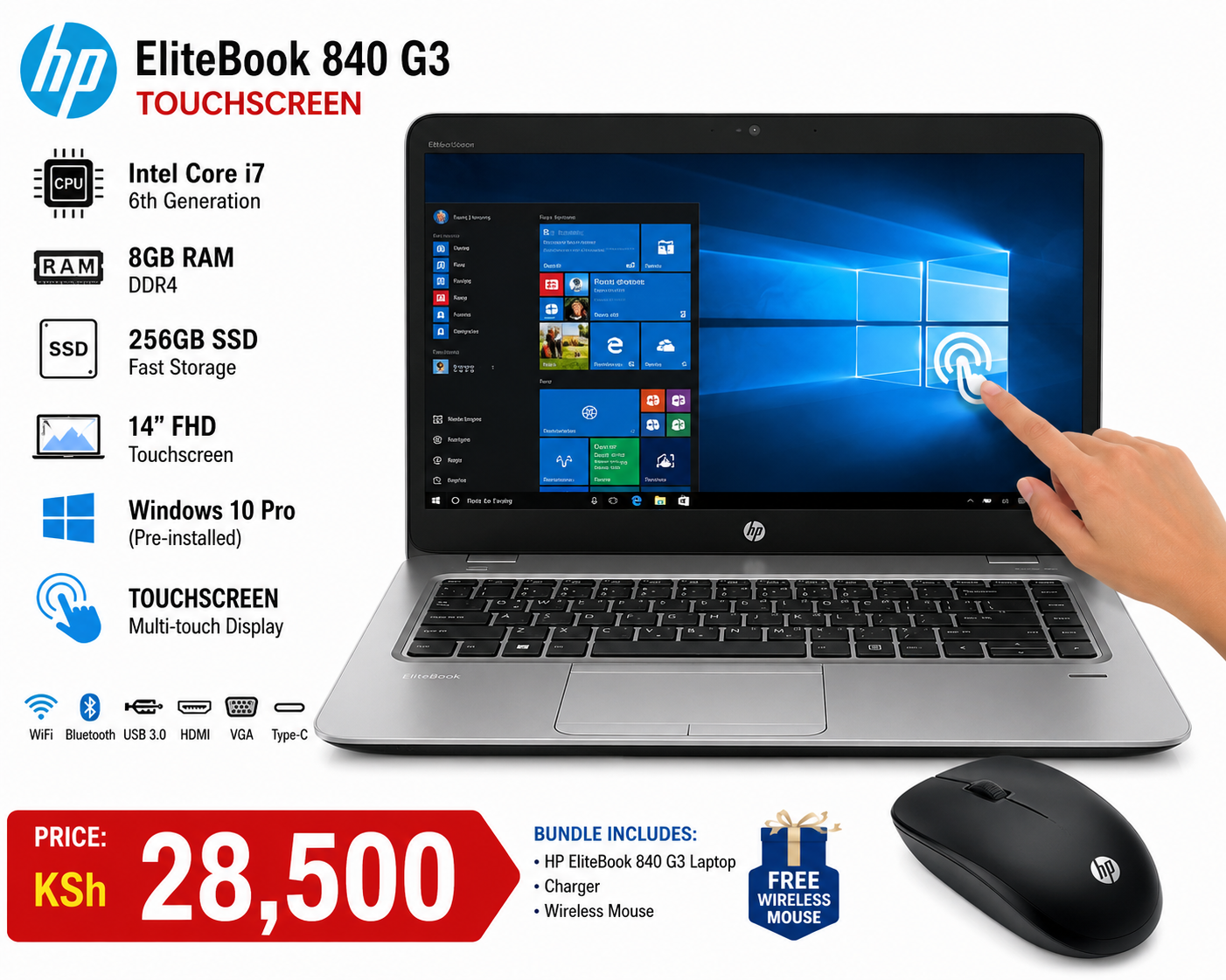 HP EliteBook 840 G3 Touchscreen Laptop Intel Core i7 6th Gen 8GB RAM 256GB SSD 14" FHD Business Laptop – Fast Performance