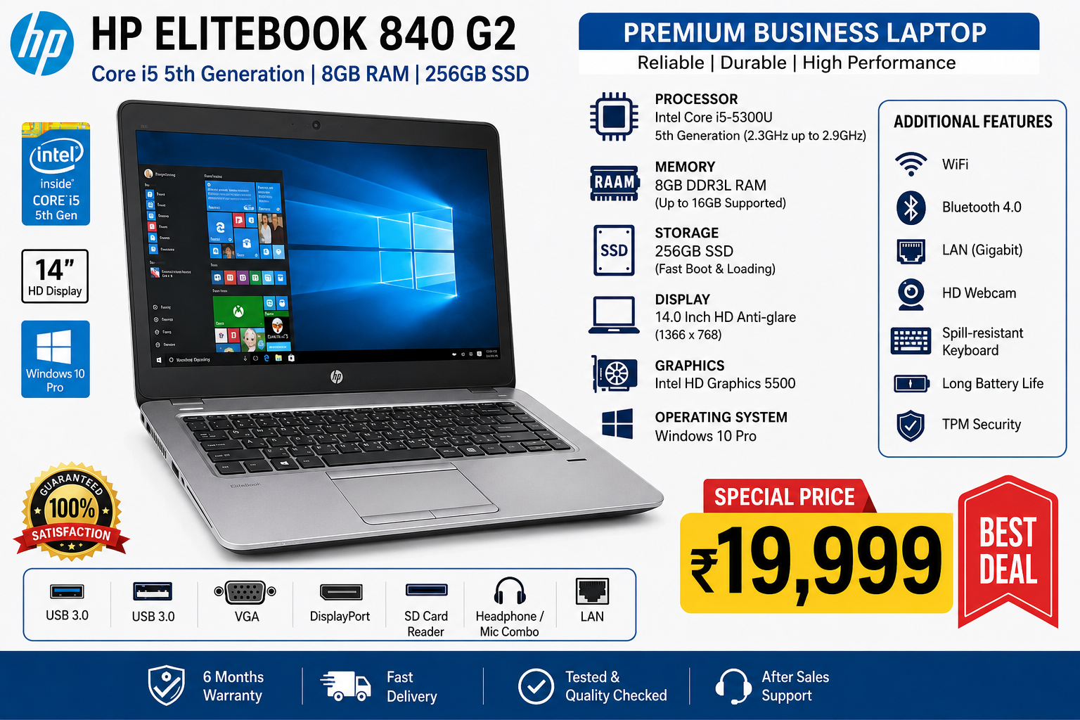 HP EliteBook 840 G2 Core i5 5th Gen Laptop 8GB RAM 256GB SSD 14 Inch Business Laptop