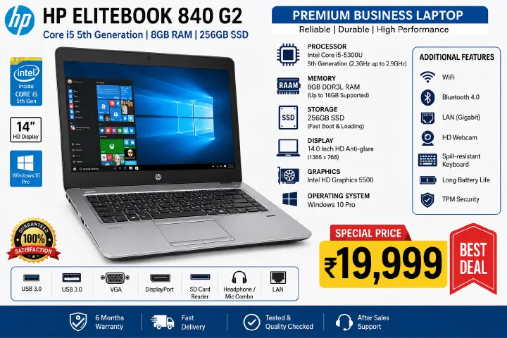 HP EliteBook 840 G2 Core i5 5th Gen Laptop 8GB RAM 256GB SSD 14 Inch Business Laptop