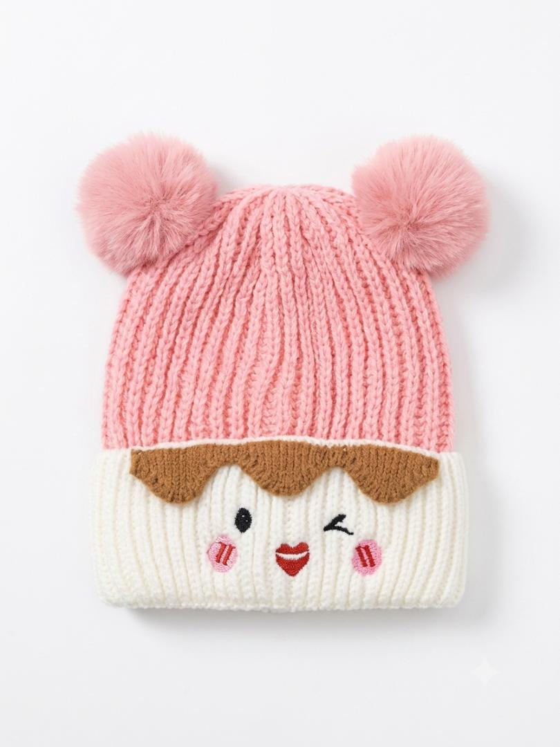 Cute Baby & Kids Winter Knit Cap – Warm Cartoon Embroidered Double-Ball Beanie