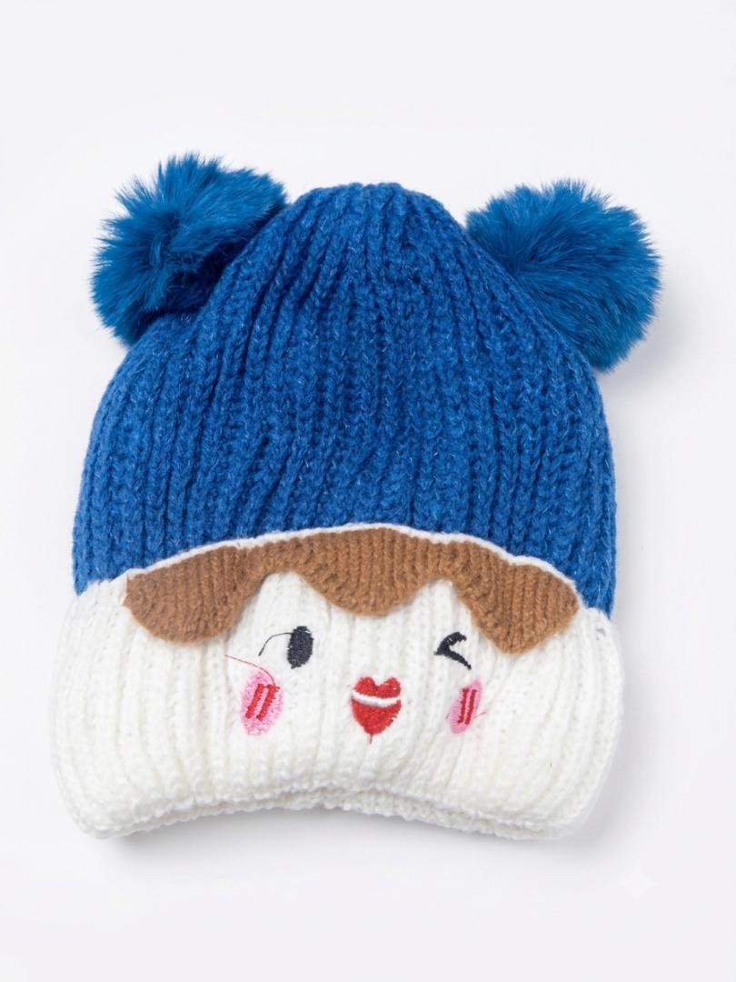 Cute Baby & Kids Winter Knit Cap – Warm Cartoon Embroidered Double-Ball Beanie
