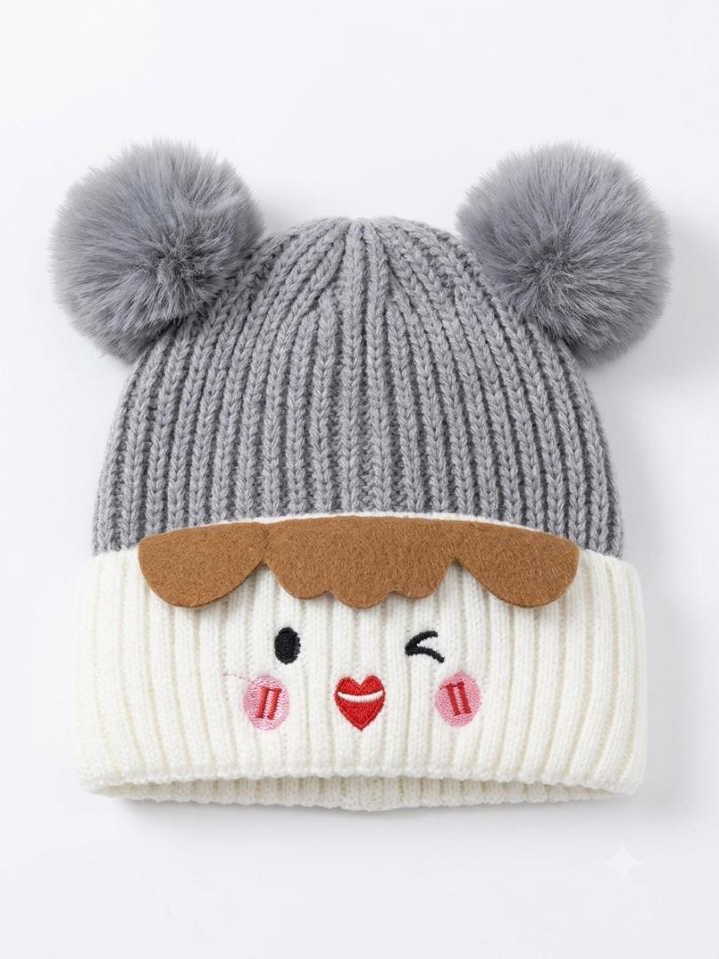 Cute Baby & Kids Winter Knit Cap – Warm Cartoon Embroidered Double-Ball Beanie