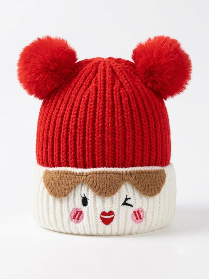 Cute Baby & Kids Winter Knit Cap – Warm Cartoon Embroidered Double-Ball Beanie
