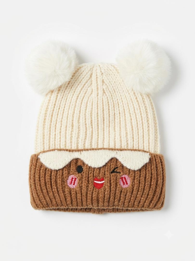 Cute Baby & Kids Winter Knit Cap – Warm Cartoon Embroidered Double-Ball Beanie