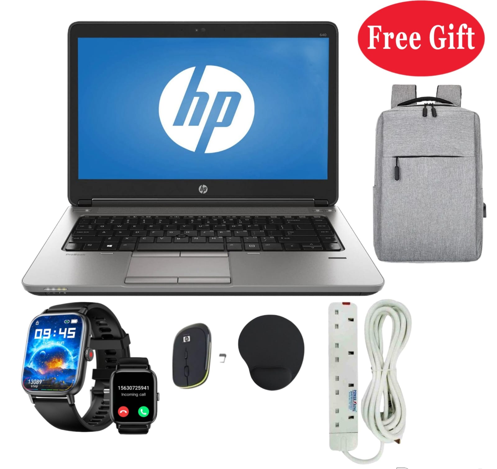 HP Probook Refurbished Laptops 8GB RAM 1TB HDD 640 G2 6th Generation Intel Core I5 14" Laptop, Windows 11 PRO, Office & Basic software , Smart Watch + Bag + Charger + Wireless Mouse + Extension
