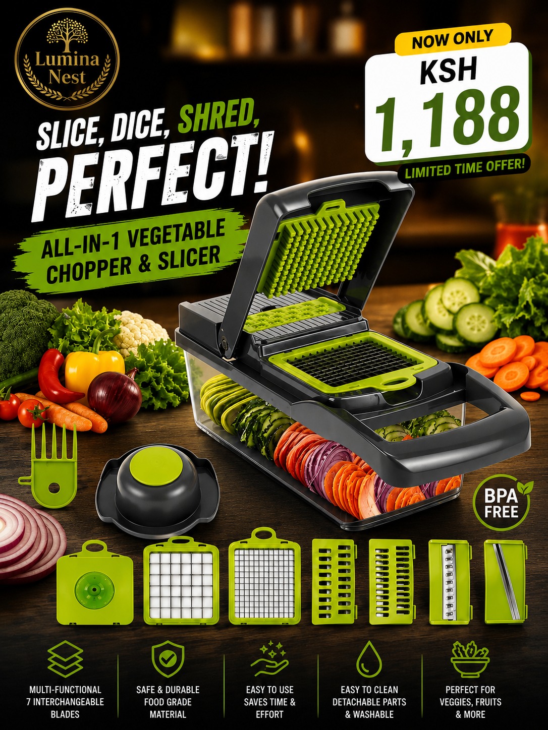 12-in-1 Multifunction Vegetable Chopper & Slicer with Storage Container - Onion Dicer, Fruit & Vegetable Cutter