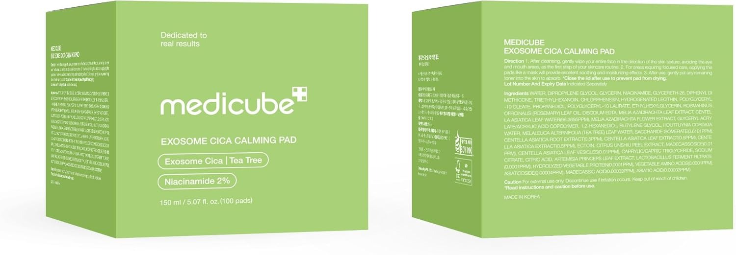 Medicube Exosome CICA Tea Tree Calming Toner Pads for Sensitive Skin with Centella Asiatica Help Reduce Redness & breakouts. Low-irritating & Hydrating Daily Care, Korean Skincare, Vegan (100 Pads)