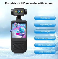 4K Ultra HD Action Camera with 180° Rotating Lens, Built-in WiFi, Wearable Body Camera, Handheld Mini Sports Camcorder, Supports Up to 128GB Memory Card for Vlogging & Travel