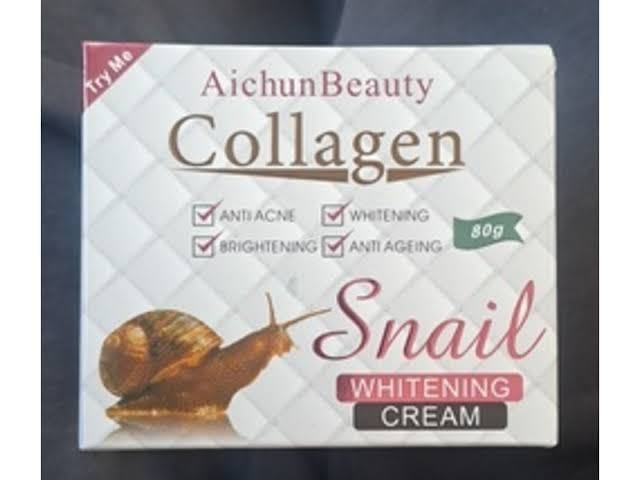 Aichun Beauty Collagen Snail Whitening Cream, an 80g product designed for anti-acne, brightening, and anti-aging benefits.