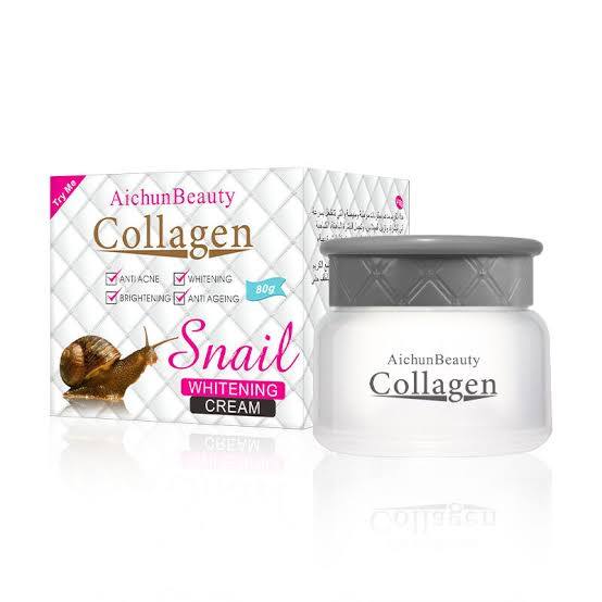 Aichun Beauty Collagen Snail Whitening Cream, an 80g product designed for anti-acne, brightening, and anti-aging benefits.