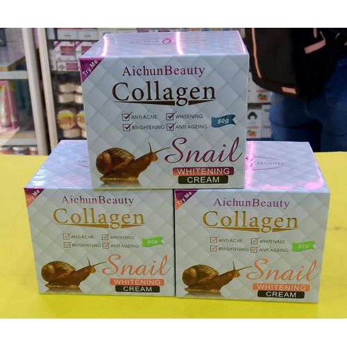 Aichun Beauty Collagen Snail Whitening Cream, an 80g product designed for anti-acne, brightening, and anti-aging benefits.