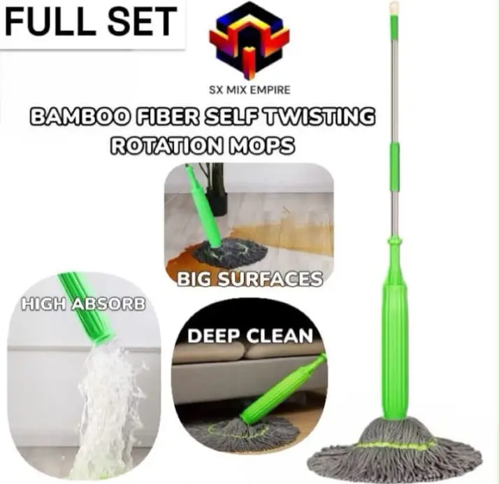 Bamboo Fibre Self-Wringing Twist Mop & Microfiber Mop Head – Floor Cleaning BIG SIZE New upgrade 144cm pocket wringing mop