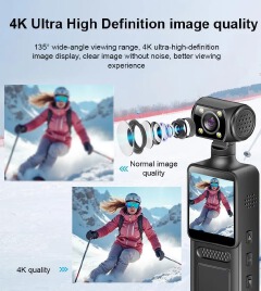 4K Ultra HD Action Camera with 180° Rotating Lens, Built-in WiFi, Wearable Body Camera, Handheld Mini Sports Camcorder, Supports Up to 128GB Memory Card for Vlogging & Travel
