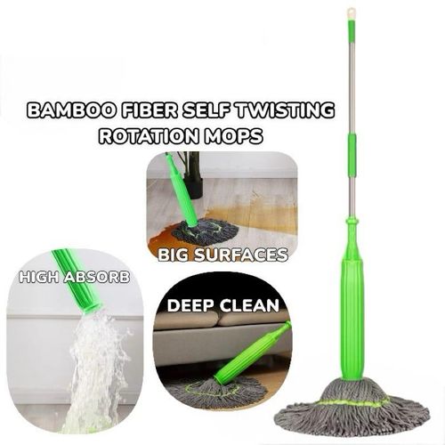 Bamboo Fibre Self-Wringing Twist Mop & Microfiber Mop Head – Floor Cleaning BIG SIZE New upgrade 144cm pocket wringing mop