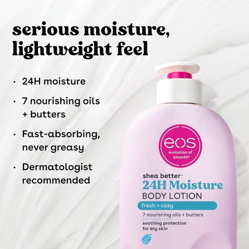 Eos Shea Better Body Lotion, Fresh & Cozy, 24-Hour Moisture Skin Care, Lightweight & Non-Greasy, Natural Shea, Vegan 473ml
