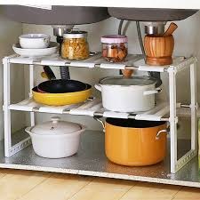 Expandable Stainless Steel Under Sink Organizer Rack with Adjustable Height, Double-Layer Storage Shelves for Kitchen Bathroom Cabinets, Space-Saving Cleaning Supplies and Household Essentials Organiz