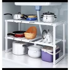 Expandable Stainless Steel Under Sink Organizer Rack with Adjustable Height, Double-Layer Storage Shelves for Kitchen Bathroom Cabinets, Space-Saving Cleaning Supplies and Household Essentials Organiz