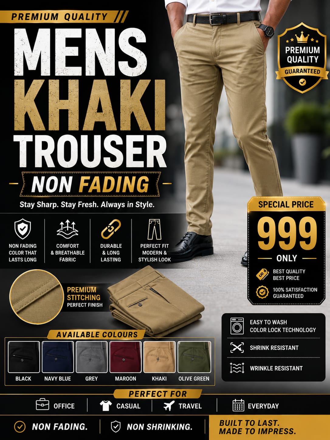 CRAZY OFFER OFFER 🔥 Pack Non-fading Khaki Pants best quality material. MENS TROUSER PREMIUM QUALITY