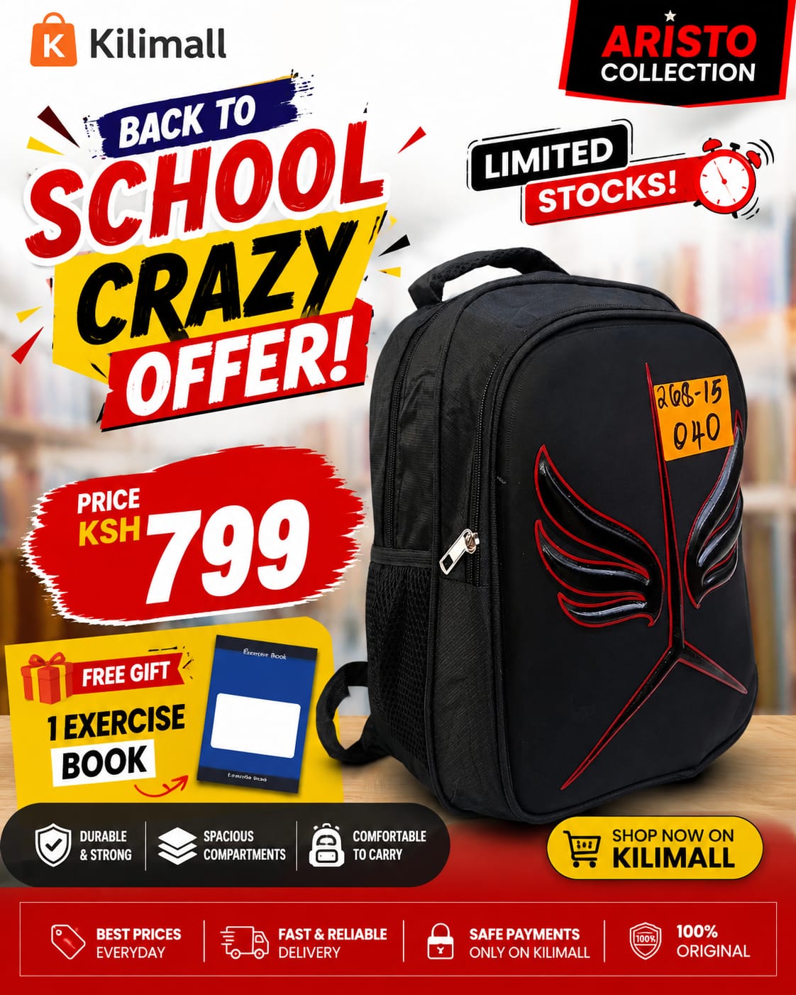 🎒🔥 BACK TO SCHOOL CRAZY OFFER! 🔥🎒
Get this stylish and spacious school bag 😍  AND A 
🎁 FREE Exercise Book
✅ Strong & durable
✅ Spacious compartments
⏳ Limited stocks available!
🛒 Shop now on Ki