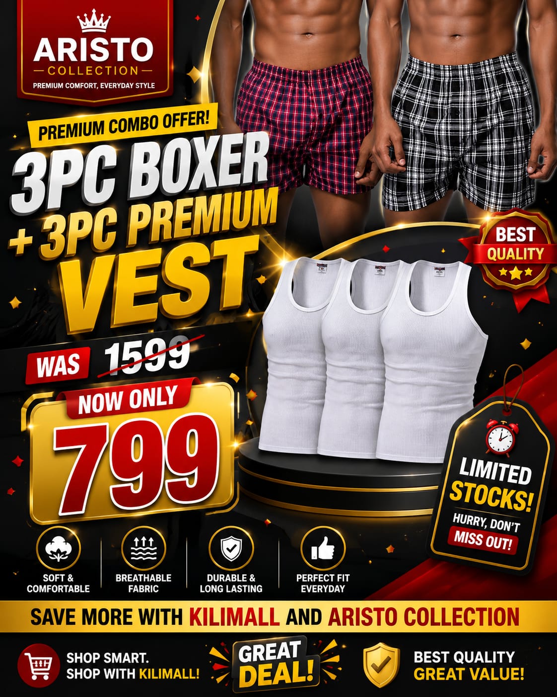 🔥 PREMIUM COMBO DEAL! 🔥
👕 3PC Premium Vests + 3PC Checked Boxers
Was KSh 1,599 ❌
💥 NOW ONLY KSh 799! 💥
✅ Best quality
✅ Comfortable & breathable
✅ Durable fabric
✅ Perfect everyday wear
🚨 LIMITE