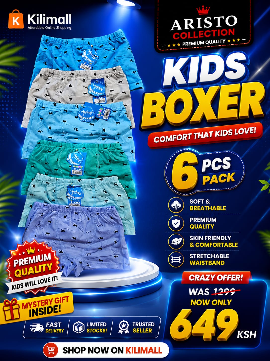 OFFER🔥 KIDS BOXERS – 6PCS PACK! 🔥
Soft, comfortable & breathable 👌 Perfect for everyday wear. Now only KSh 649! 🎉 🎁 Mystery Gift Inside | Premium Quality | Limited Stock | Shop Now on Kilimall!