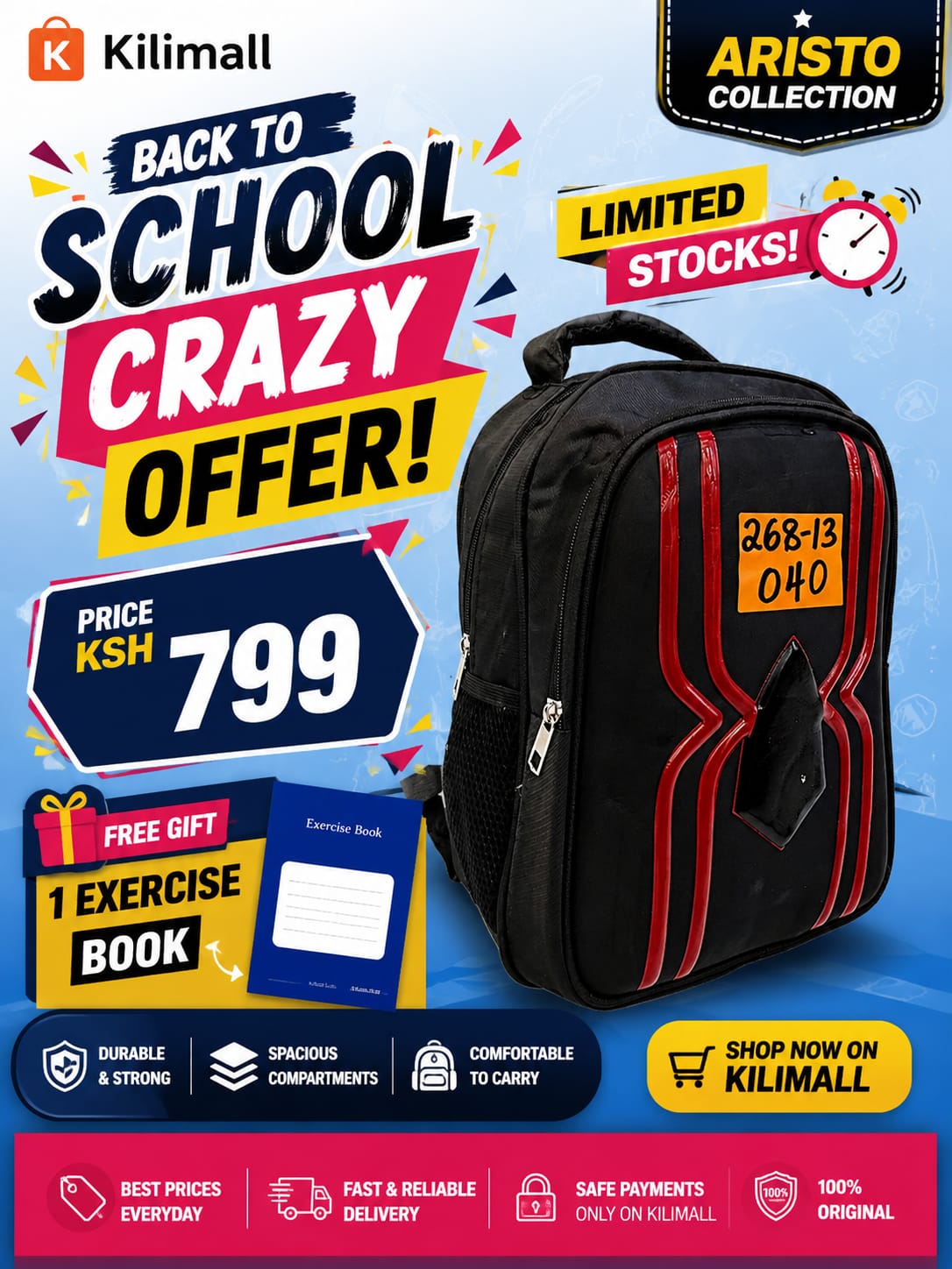 🎒🔥 BACK TO SCHOOL CRAZY OFFER! 🔥🎒
Get this stylish and spacious school bag 😍  AND A 
🎁 FREE Exercise Book
✅ Strong & durable
✅ Spacious compartments
⏳ Limited stocks available!
🛒 Shop now on Ki