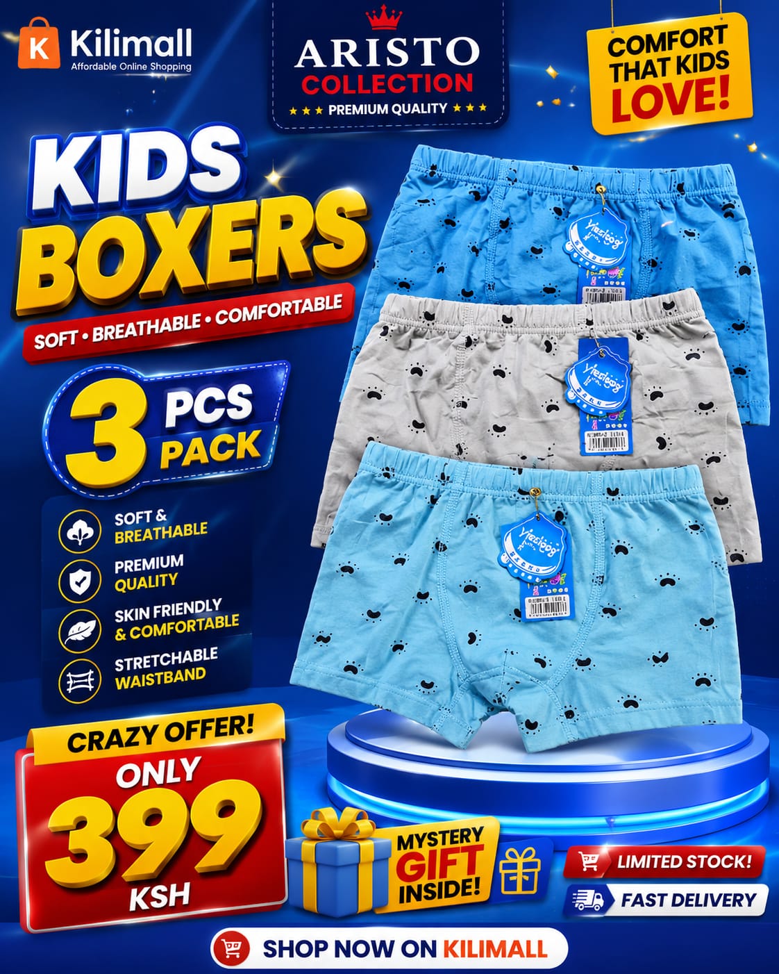 OFFER 🔥 KIDS BOXERS – 3PCS PACK! 🔥
Premium quality, soft & comfortable for everyday wear 👌 Only KSh 399! 🎁 Mystery Gift | Limited Stock | Shop Now on Kilimall!