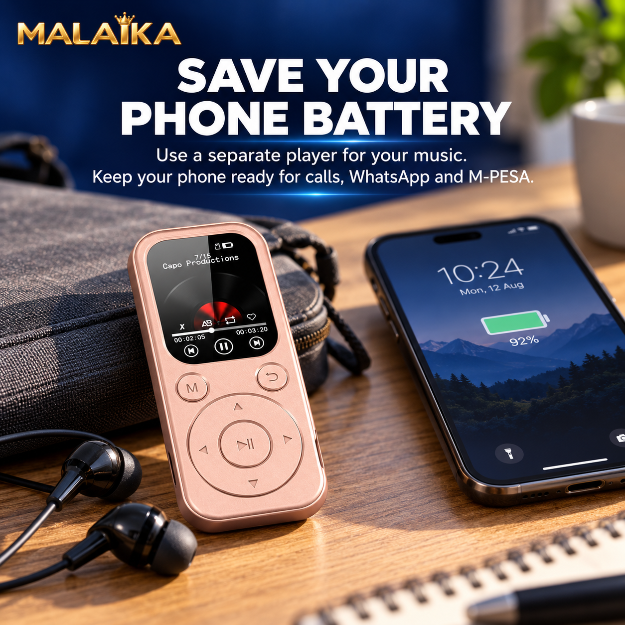 MALAIKA MP3 Player, Bluetooth MP3 Player, Portable Music Player, MP4 Player, FM Radio, Voice Recorder, Portable MP3, MP3 MP4 Player, Music MP3 Player, Digital Display, E Book Reader, MP3 Players
